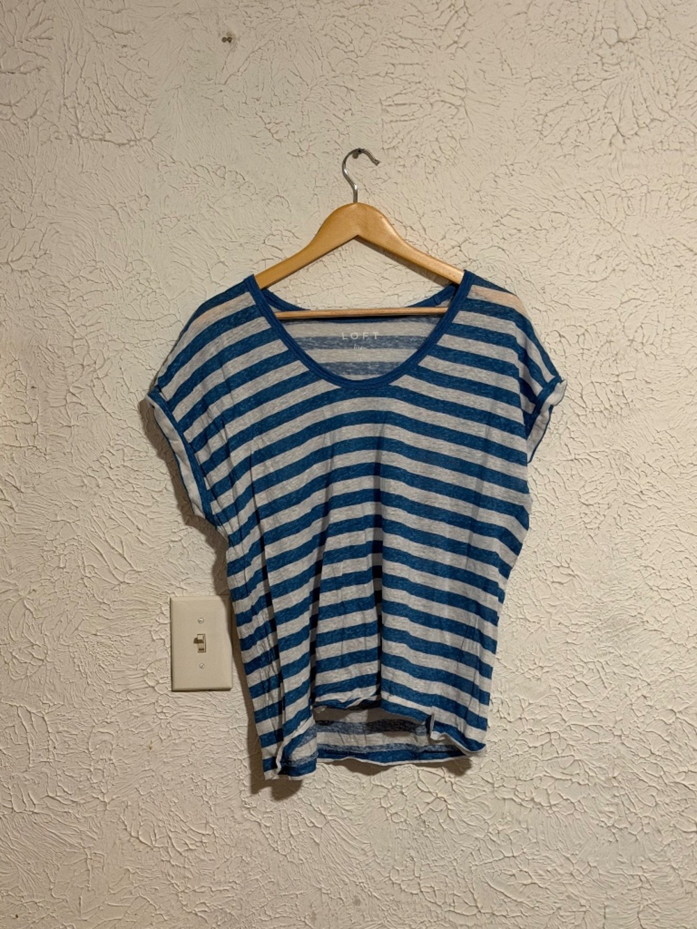 LOFT Blue White Striped Linen V-Neck Short Sleeve Top Large